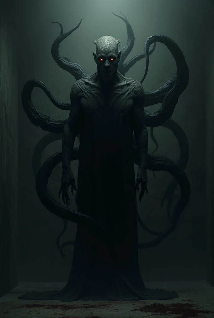 Man turning into a monster made of shadows with long dark tentacles sticking out of his back as he merges the shadows of the environment