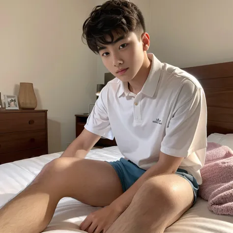 man, 18 years old, , sitting on the bed, legs open,  shirt without underwear , cute face, front view