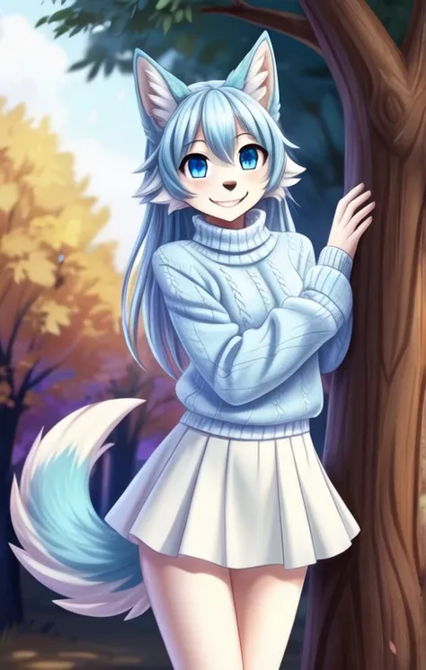 wolf girl, blue and white fur ,  s,smile, tail,  blue eyes , white sweater and blue skirt,the background is under a tree