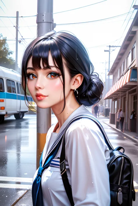 a girl in a sailor uniform standing at a bus stop, taking shelter from the rain, beautiful detailed eyes, beautiful detailed lip...