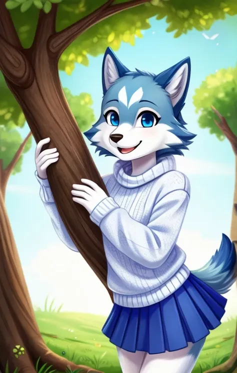 wolf girl, blue and white fur ,  s,smile, tail,  blue eyes , white sweater and blue skirt,the background is under a tree