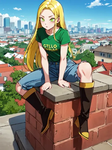 girl, saiyan girl, long hair, ((yellow hair, green eyes, withe t-shirt, yellow throusers, boots)), big city