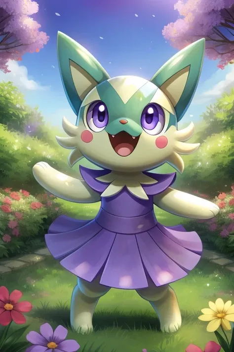 highest quality,  purple eyes,  pokémon,  garden background, alone, scalpel,  happy ,  opens her mouth,