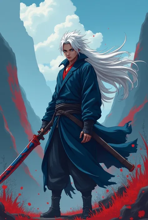 White-haired adult ninja holding a legendary blue and red sword anime Naruto 