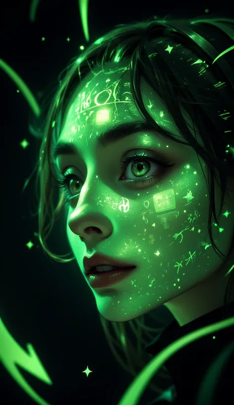 Close-up of womans face, glowing green holographic equations projected onto skin. Intense gaze, realistic features. Dark background, cyberpunk aesthetic. Luminous . Futuristic, high-tech atmosphere. Photorealistic rendering, dramatic lighting, sharp contra...