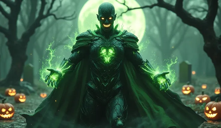 an ultra-detailed image of the superhero vision from avengers reimagined in a halloween theme. vision appears as a half-ghost, h...