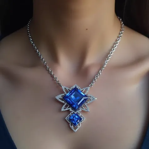 Advanced customization， three square sapphires ，Arrange one above the other， silver front necklace close-up，mosaic，Fantasy quality，noble、luxurious、Stunning、细节、Delicate light and shadow，Perfect，Extraordinary value 