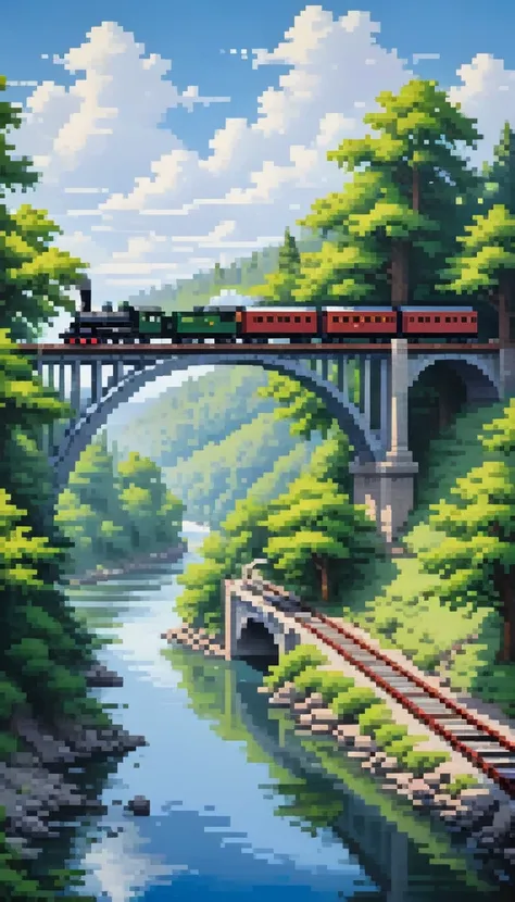 here is a painting of a 1 bridge train over a river with trees, pixel art, blue sky