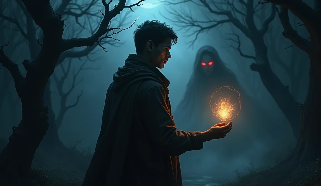 For this thumbnail, imagine a dark, haunted forest scene at night, with twisted, barren trees casting eerie shadows. At the center, place a brave young man (Arjun) standing with his back towards the viewer, holding a glowing talisman that emits a faint, ot...