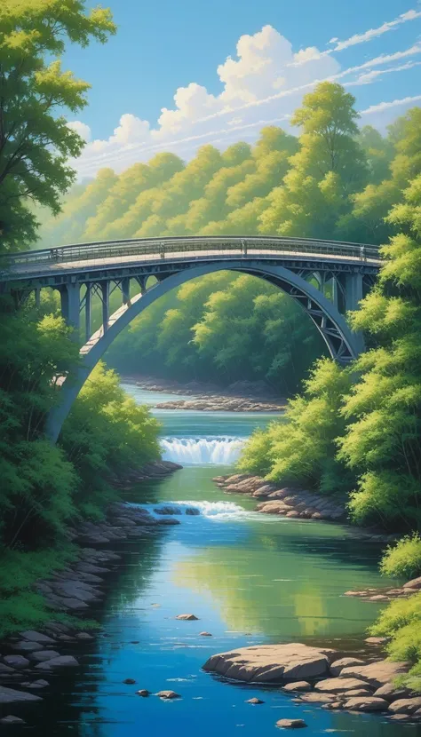 here is a painting of a 1 big bridge over a river with trees, pixel art, blue sky