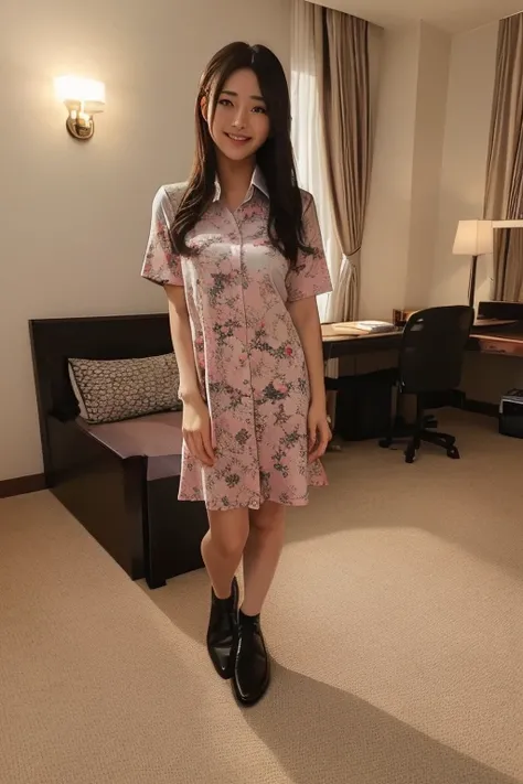 1japanese girl, wearing floral print pink pink a-line shirt dress, black flats, long hair, bang, black hair, standing, smile, in guestroom of hotel, BREAK, (full body shot:1.45), BREAK, (masterpiece, best quality:1.4), (8k, raw photo, photorealistic:1.2), ...