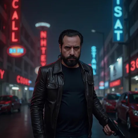  Night scene in a futuristic city with neons bright and impressive buildings .  In the center of the scene ,  a 39-year-old man with a beard of a few days and an intense look ,  he wears a worn leather jacket and a dark t-shirt . He is standing on a desert...