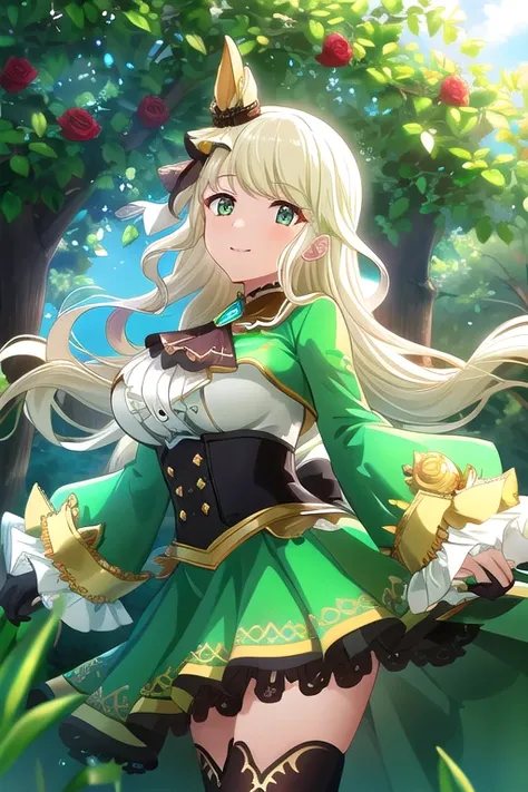 ((Best Quality)), ((masterpiece)), (  Details),   1 girl, Light Blonde,  emerald green_eye, Long Hair, smile, Red Rose, hair ornament , blanking, Big Breasts, frills, Black Ascot,  green dress, (  sleeve on your wrist:1.2), Black knee-highs,  standing , Ou...