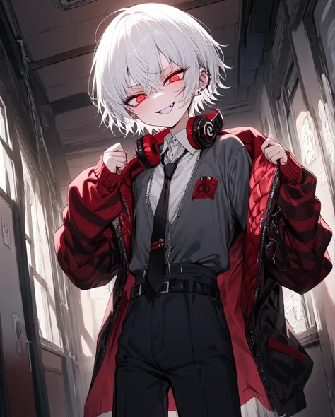 1boy.solo,cowboy shot,standing,clenched hands
,white hair,short hair,evil grin,mesugaki,skin fang,red eyes,half-closed eyes,(cra...