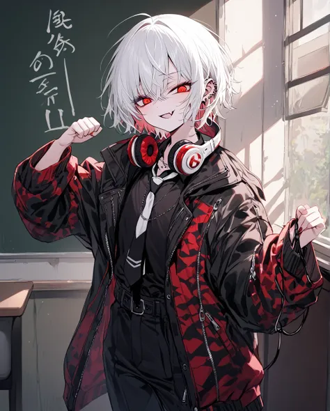 1boy.solo,cowboy shot,standing,clenched hands
,white hair,short hair,evil grin,mesugaki,skin fang,red eyes,half-closed eyes,(cra...