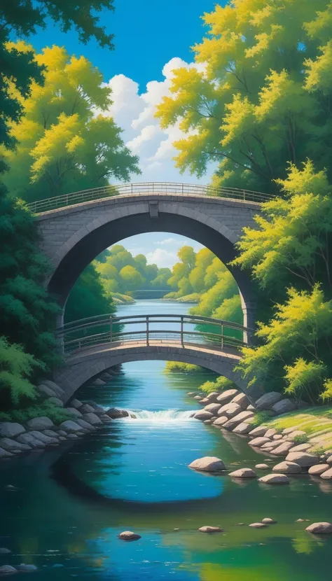 here is a painting of a 1bridge over a river with trees, pixel art, blue sky