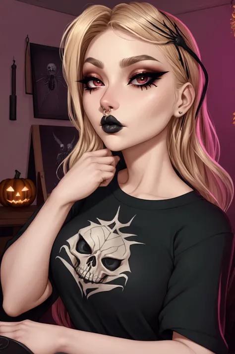 Portrait of a woman with light makeup and natural, lightly wavy blonde hair, close-up view showing half of her face. She wears a black shirt with a graphic print that includes a gothic character and a skeleton. Her eye makeup features fine black spider web...