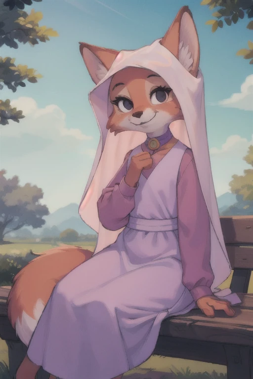 maid marian 　 s, fox girl,  animal ears ,  black eyes , animal nose,  orange fur , tooth, tail,veil,purple dress,  long sleeve ,...