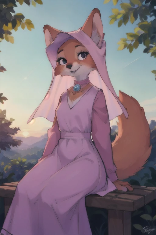 maid marian 　 s, fox girl,  animal ears ,  black eyes , animal nose,  orange fur , tooth, tail,veil,purple v-neck dress,  long s...