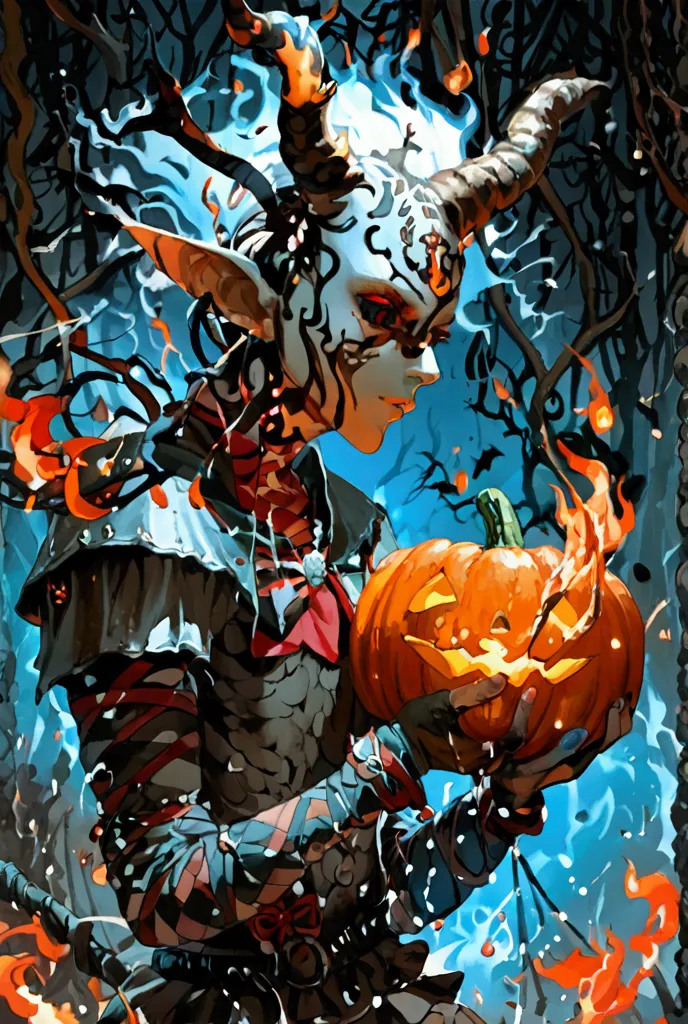 splash art, digital artwork, dark fantasy theme, terrifying environment,  a centaur with a pumpkin head , her head is a pumpkin ...