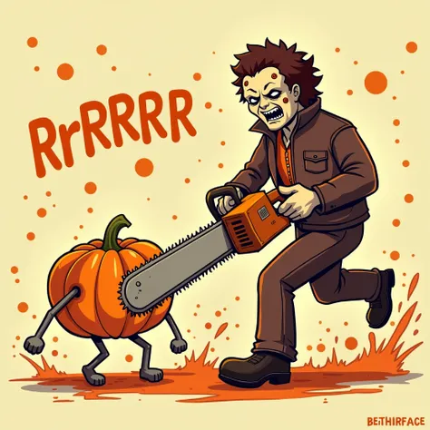 In a funny animated scene ,  Leatherface is chasing with his power saw  ( mechanical saw movement effect ) to an anthropomorphic pumpkin with legs and arms that tries to run away,  the mechanical saw rotates splashing orange debris  ( effect of rotating th...