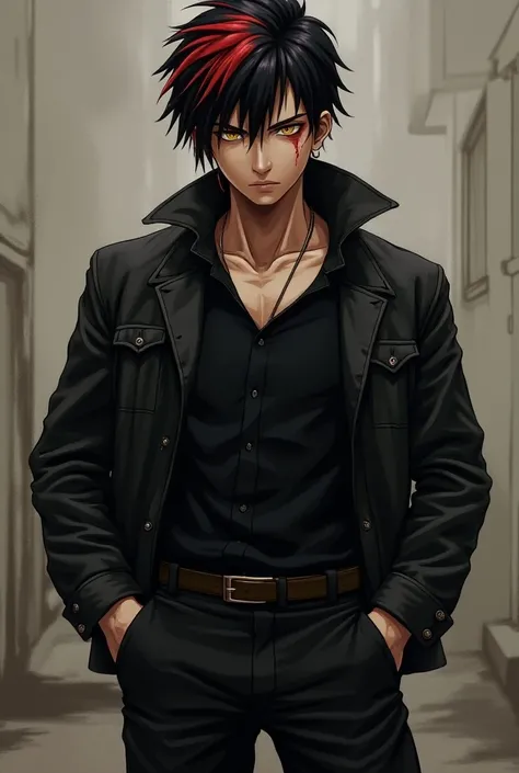 young black-haired boy with red streaks in his hair, wearing a black shirt, a worn black jacket, black pants, black formal shoes, he has a stocky and marked body with marked legs, he has honey-colored eyes, with a scar on his forehead and neck