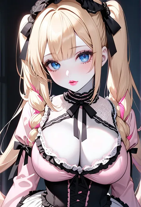 Woman, with very long light blonde hair with braided twintails, with black ribbons, with bright blue eyes, she is wearing a light pink lacey long sleeved lowcut shirt, with a lolita skirt , has big boobs, she has pretty pink lips, with white skin. 