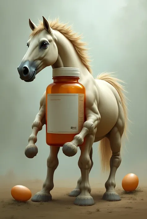 The front chicken is a horse, the body is a medicine bottle, the arms are the eggs, the legs.
