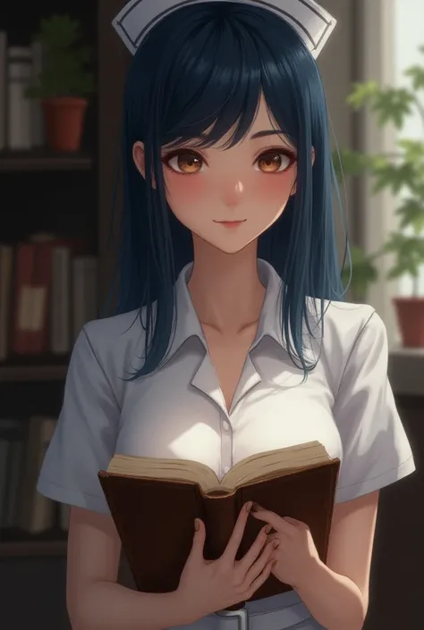 A female character , brown color, dark blue straight hair, size 1,67, likes to read, romantic , Profession Nurse, Is there a lover .