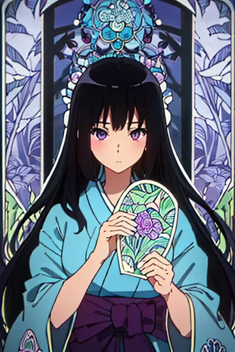 Maximalism,absurdres,masterpiece, best quality, a game Tarot style card (art nouveau:1.5), (zentangle:1.3), BREAK one girl, (card background is (Japanese-style background:1.3), looking viewer, clear face, purity, long black hair, purple and black theme,