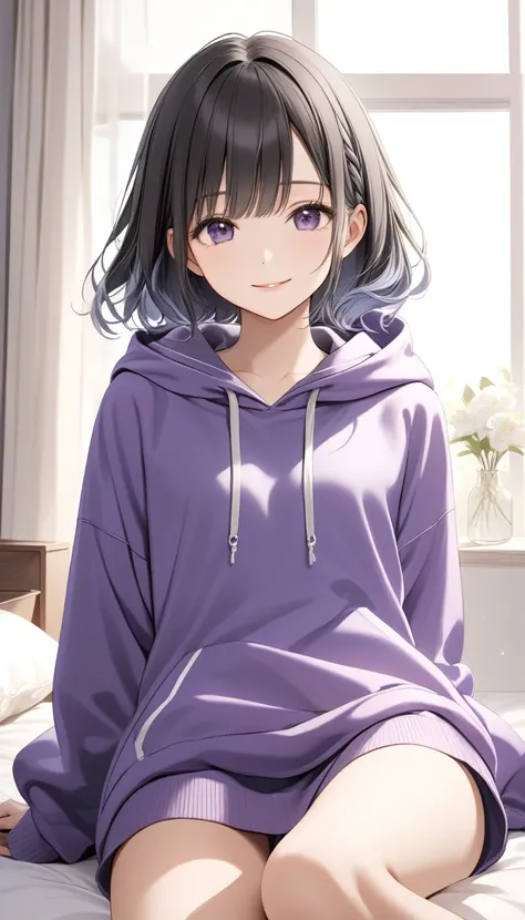 One,Cute  girl,Young face、Slim figure、Thin legs、８Head to Body、(( light black hair color、 inner color hairstyle))、(( staring at me with a shy smile 、Hoodie coming to the rough))、 lens flare 、Natural Color,  high definition,  very delicate ,  very detailed, ...