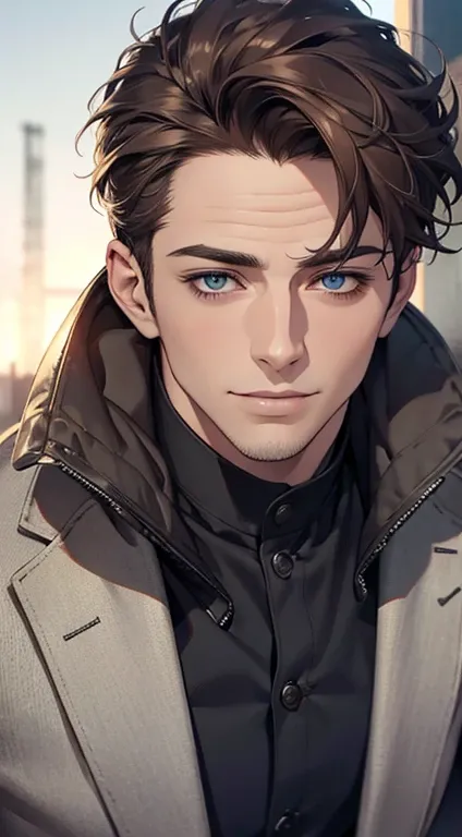 (best quality,4k,8k,highres,masterpiece:1.2),ultra-detailed,(realistic,photorealistic,photo-realistic:1.37),1 man,31 years old,mature man,very handsome,without expression,smile,short grey brown hair,blue eyes,penetrating gaze,perfect face without errors,im...