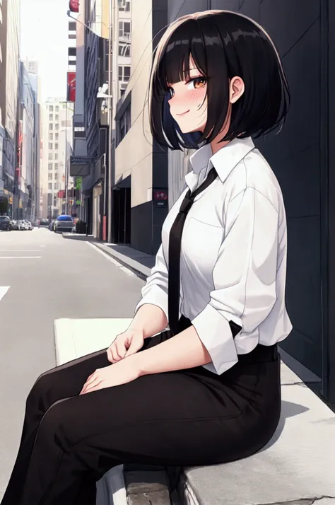 score_9, score 8_up, score 7_up, high quality, semi realistic, uhd, 1girl, beautiful, very short black hair, straight hair, mess...