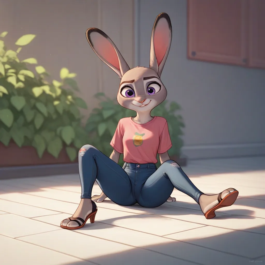 judyhopps, purple eyes, rabbit, rabbit ears ,sitting on floor with split legs, high heels sandals show soles, casual pants