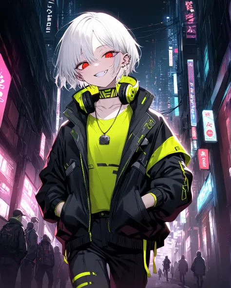 1boy.solo,cowboy shot,walking,hand in pockets
,white hair,short hair,grin,mesugaki,skin fang,red eyes,half-closed eyes,(crazy ey...