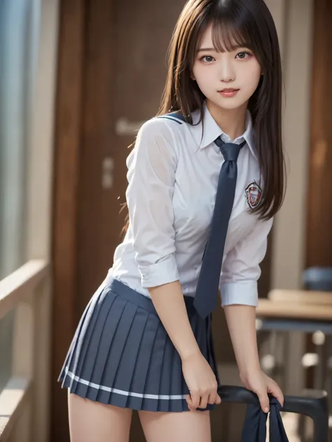 ( high school girl uniform : 1.8), complex and beautiful eyes、woman, ( sexy pose : 2.0), (stand up : 1.2), womanly black hair、(d...