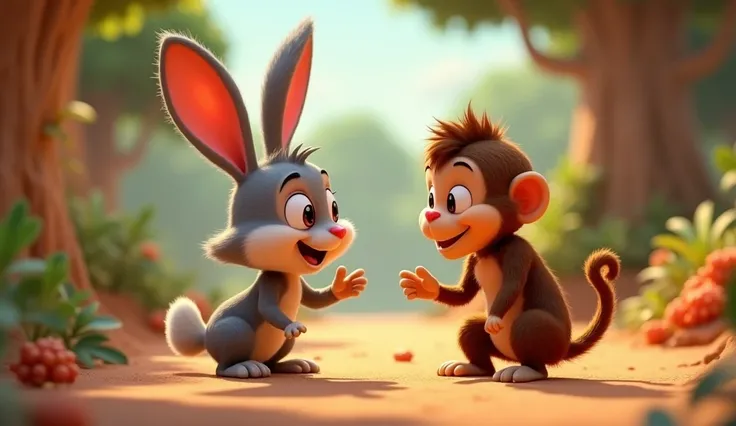 3d Pixar style,**CHINTU A RABBIT**  
(encouragingly)  
It’s okay, Moti bhai "the monkey"! Remember, it’s always better to think before you act. That’s how we truly succeed!
