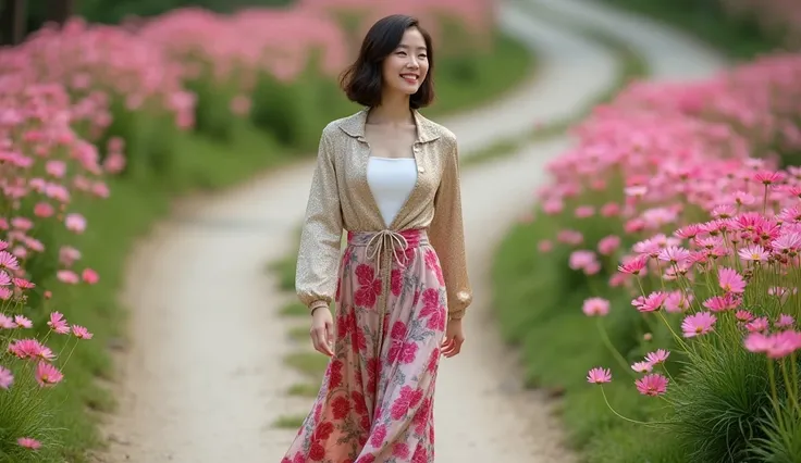 Beautiful 50 year old Korean woman, Beautiful and pretty Korean women,  A short, dwarf girl .  wearing a luxury luxury short cardigan over a luxurious high-end long floral skirt that covers her chest.  Portrait of a woman walking along a curved country roa...