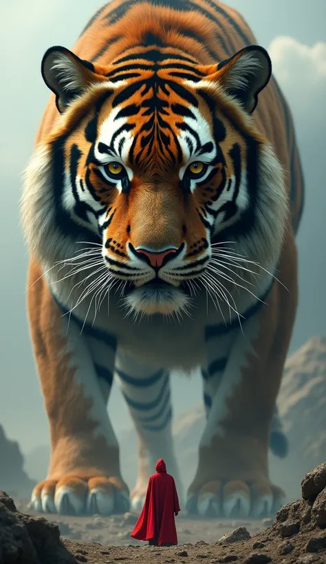 an image of a giant tiger with its face filling most of the frame and has very large body. Its large, detailed features and enormous size tower over a tiny person in a red cloak standing below. The background includes majestic, cinematic apocalyptic world,...