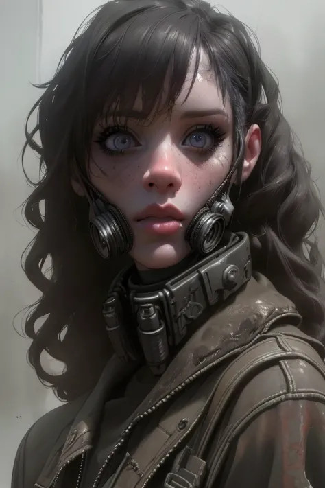 a post-apocalyptic girl, post-apocalyptic, apocalypse, dystopian, wasteland, ruined city, cyberpunk, detailed face, beautiful detailed eyes, beautiful detailed lips, extremely detailed eyes and face, long eyelashes, curly hair, dirty face, torn clothes, le...