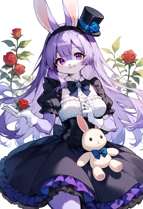 score_9, score_8_up, score_7_up, score_6_up, score_5_up, score_4_up, source_cartoon, best quality, amazing quality, very aesthetic, absurdres, 1girl, (furry, kemono:1.3), rabbit, rabbit girl, rabbit ears, hat, solo, top hat, stuffed toy, purple hair, glove...