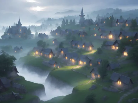 scenic background, anime style, fog, mist, medieval fantasy small village, village on a hill, cobblestone paths, grass, grey bla...