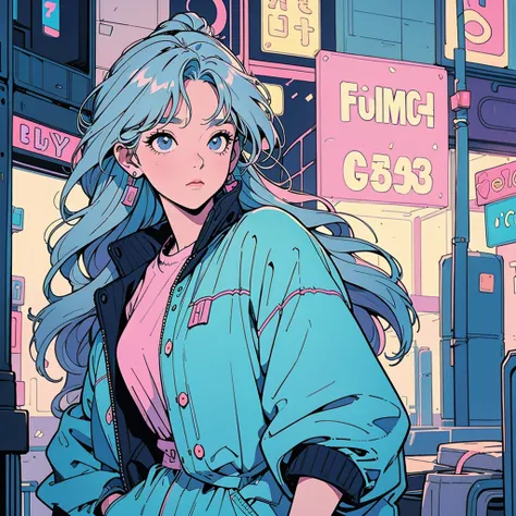 A captivating scene of 1 girl walking through a vibrant city at night, depicted as a young woman with long, flowing hair in soft pastel colors. She wears comfortable, stylish loungewear that reflects an 80s aesthetic, with city lights casting a warm glow a...