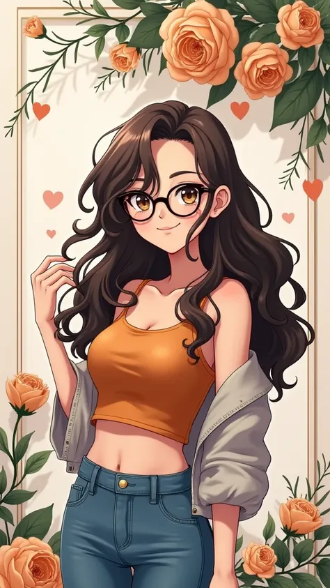 "A stylish anime girl with wavy brown hair wearing glasses, standing confidently with a warm smile. She has large, expressive brown eyes and is dressed in a casual yet trendy outfit: an orange crop top with a high-waisted pair of blue jeans, and a light ja...