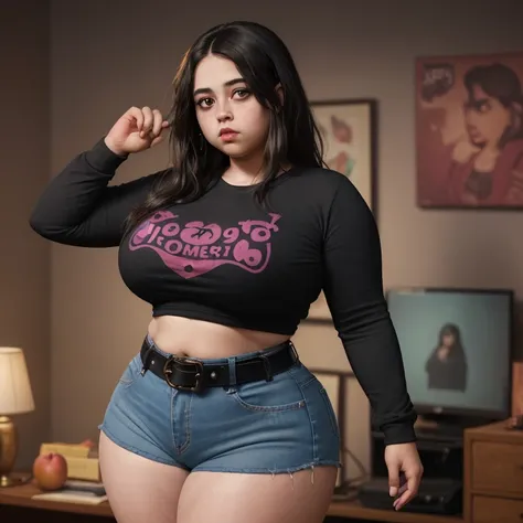 90s dark vintage film style, a petite cute nerdy slightly chubby with huge curvaceous pear shape wide hips, emo mexican teen, sh...