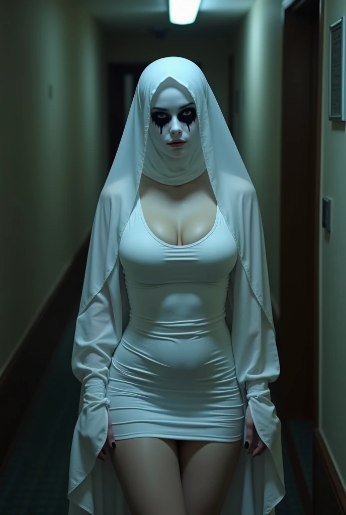  Super sexy woman wearing a ghost costume . A womans face completely covered by a white veil,  body of a super sexy woman ,  big breasts ,  BIG BOOBS ,  breasts highlighted by the white dress ,  small waist , sexy waist,  large hips, sexy hips, sexy ass, a...