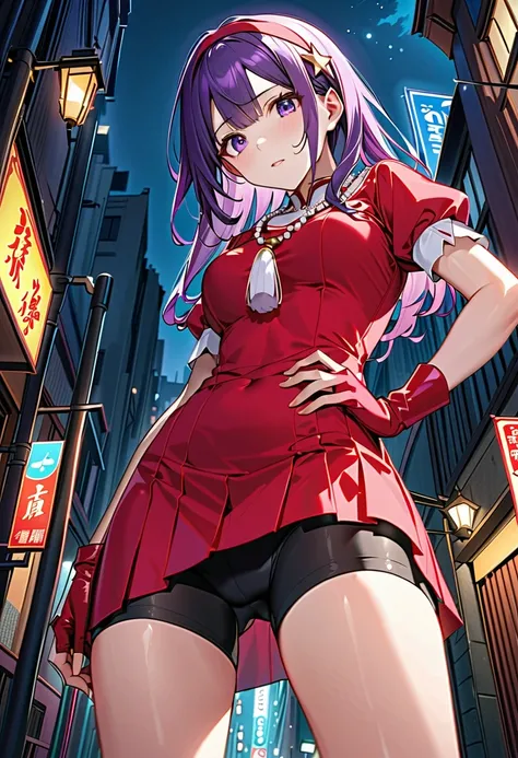 score_9, score_8_up, score_7_up, 1girl, solo, athena asamiya, a beautiful Japanese woman, (black bike shorts in skirt), ((panty lines)), camel toe, ((from below)), ((groin focus)), looking down, troubled face, hands on hip, serious, outdoor, night, Back al...