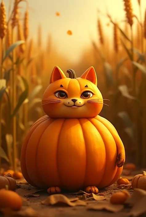 A cat that looks like a pumpkin 🎃 in a corn field 