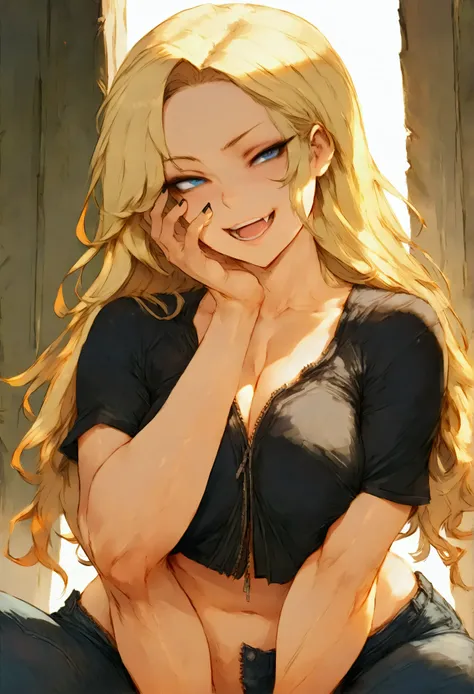 (cutesexyrobutts:0.8), Tsunade Senju Hokage, Pure blonde hair long and undone, blue eyes, Wearing revealing short gym shorts and a black crop top with one sitting cross-legged wearing black lipstick, smiling with her hands on her face, Big wearing black na...