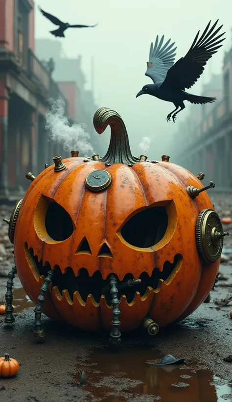 write me a prompt about a steampunk pumpkin in a realism scene with a dystopian background and realistic Fighting Amanda crows